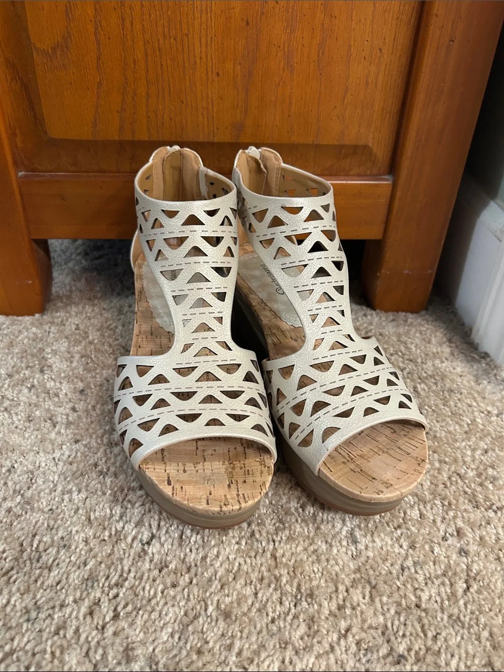 BareTraps Beige Cutout Wedge Sandals